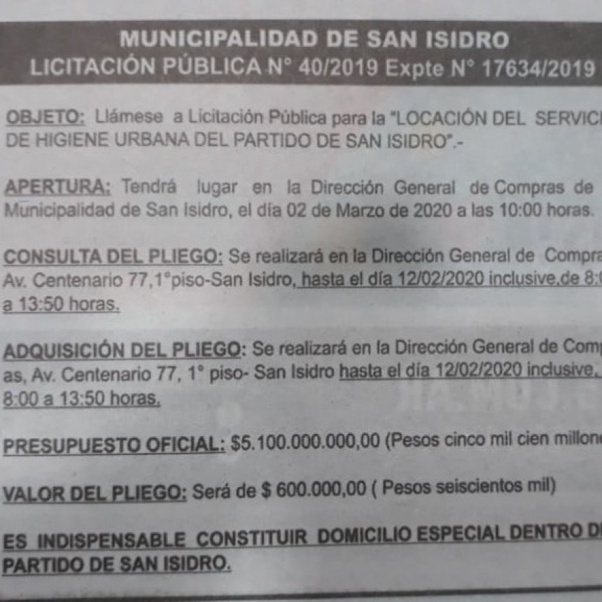 LUEGO DE 20 AÑOS SAN ISIDRO LICITA LA RECOLECCIÓN DE BASURA