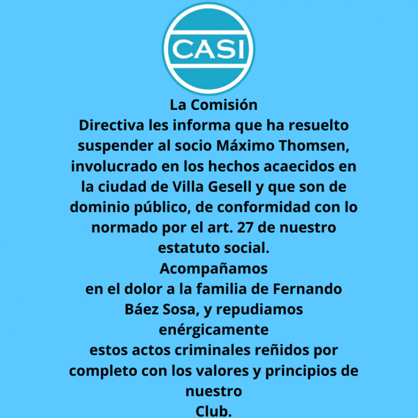EL CLUB DE RUGBY CASI SUSPENDIÓ A MÁXIMO THOMSEN UNO DE LOS IMPUTADOS POR EL CRIMEN DE FERNANDO BÁEZ SOSA