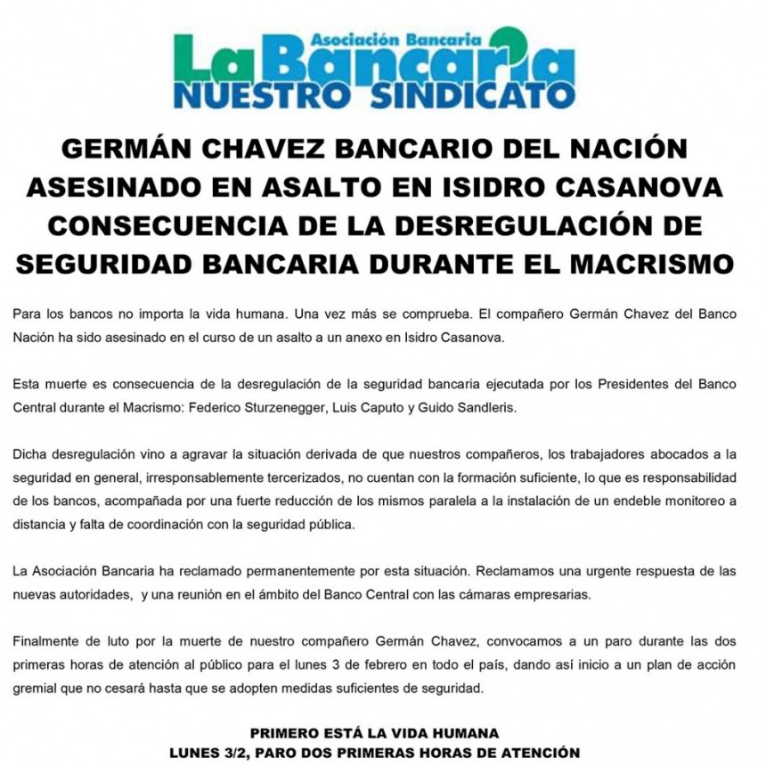 PARO BANCARIO EL LUNES 3 DE FEBRERO