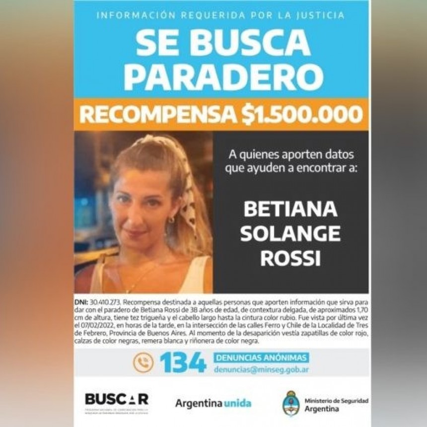 OFRECEN RECOMPENSA DE $ 1.500.000 POR INFORMACIÓN SOBRE EL PARADERO DE BETIANA ROSSI