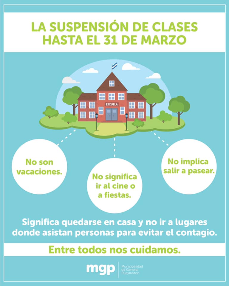 LA MUNICIPALIDAD DE GENERAL PUEYRREDON: SIN CLASES HASTA EL 31 DE MARZO POR LA CRISIS DEL CORNAVIRUS.