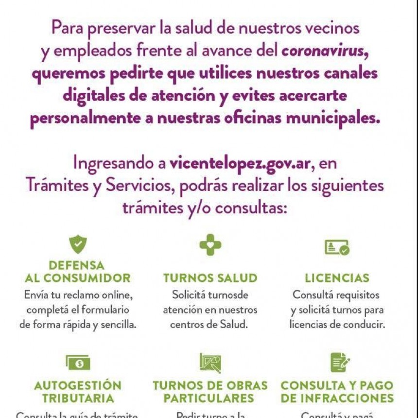 LA MUNICIPALIDAD DE VICENTE LOPEZ RECOMIENDA UTILIZAR SUS CANALES DIGITALES PARA REALIZAR TRAMITES