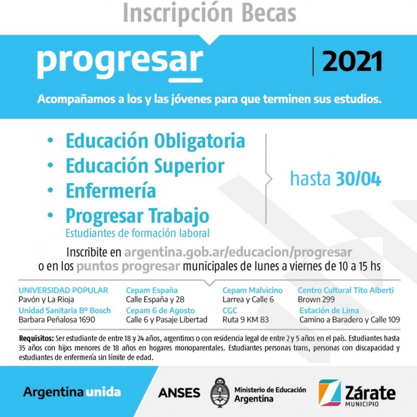 PROGRESAR 2021: EL MUNICIPIO DE ZÁRATE INFORMA SOBRE LOS PUNTOS DE AUTOGESTIÓN (ASISTENCIA DE INSCRIPCIÓN), PARA EL ACCESO A LAS BECAS DEL PROGRAMA NACIONAL.