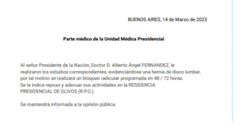 ALBERTO FERNÁNDEZ FUE DIAGNOSTICADO CON UNA 