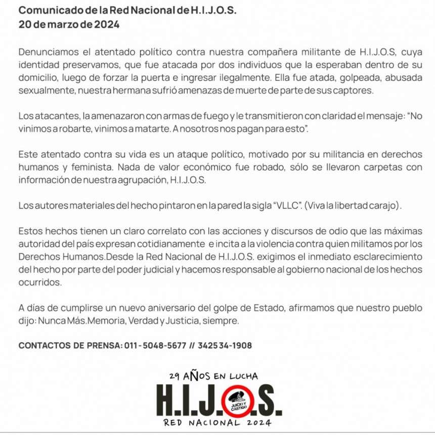 ABUSO Y AMENAZA DE MUERTE A UNA MILITANTE DE HIJOS: EN LA PARED ESCRIBIERON 
