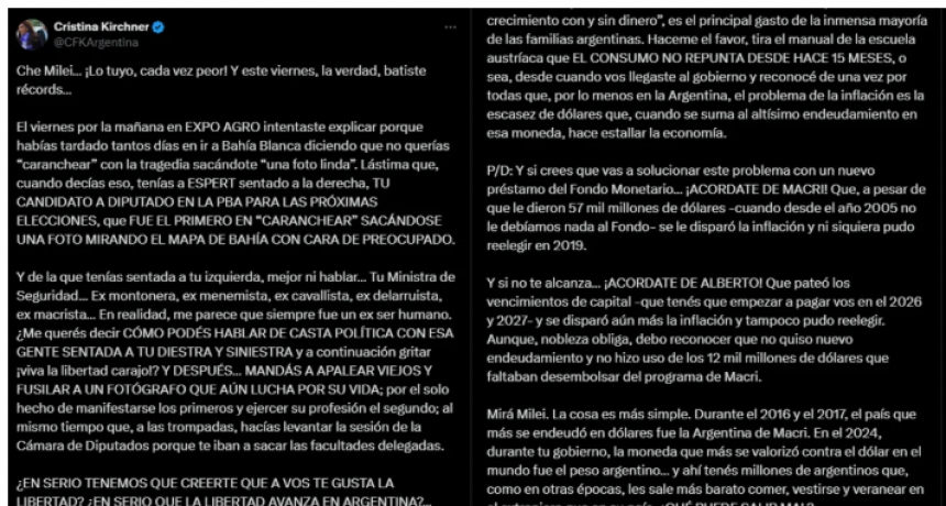 CRISTINA KIRCHNER FULMINÓ A MILEI: 
