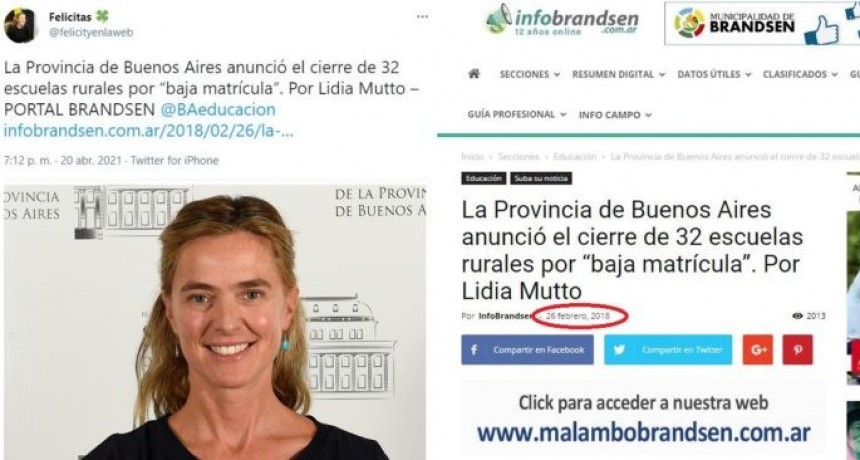 SENADORA CRITICÓ A KICILLOF POR EL CIERRE DE ESCUELAS CON UNA NOTICIA DE 2018