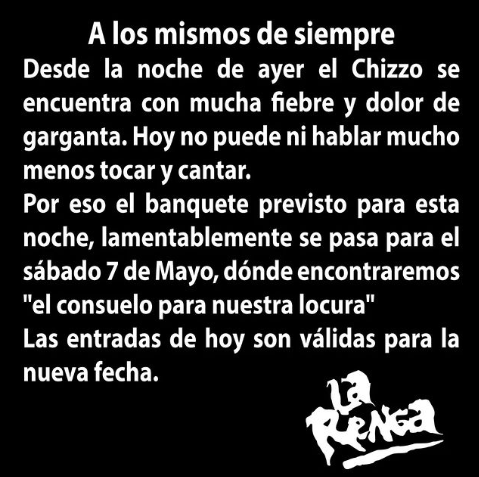 LA PLATA: TRAS IDAS Y VUELTAS, EL RECITAL DE LA RENGA SE SUSPENDIÓ POR ENFERMEDAD DEL CANTANTE