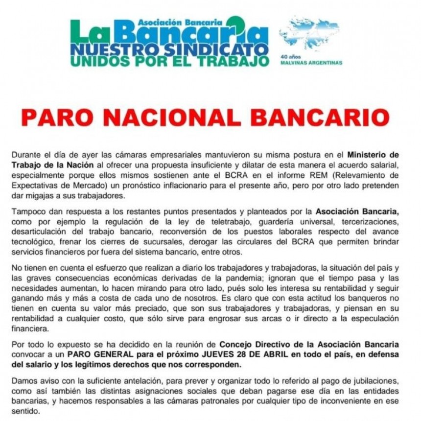 BANCARIOS CONVOCAN A UN PARO NACIONAL PARA EL PRÓXIMO 28 DE ABRIL