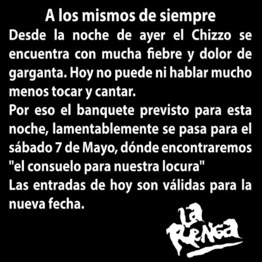 LA PLATA: TRAS IDAS Y VUELTAS, EL RECITAL DE LA RENGA SE SUSPENDIÓ POR ENFERMEDAD DEL CANTANTE