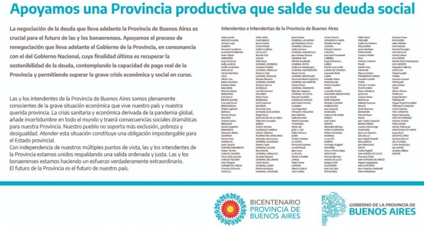 TODOS LOS INTENDENTES DE BUENOS AIRES APOYARON NEGOCIACIÓN DE LA DEUDA