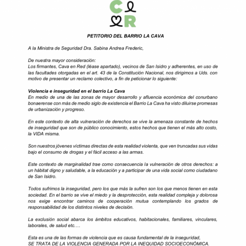 LAS ONGS DE LA CAVA PRESENTARON UN PETITORIO SOLICITANDO LA PERMANECÍA DE LA FUERZAS DE SEGURIDAD 