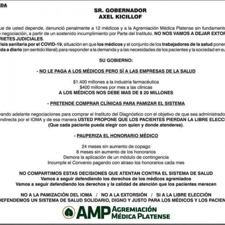 DENUNCIAS CRUZADAS ENTRE IOMA Y LA AGREMIACION MEDICA PLATENSE