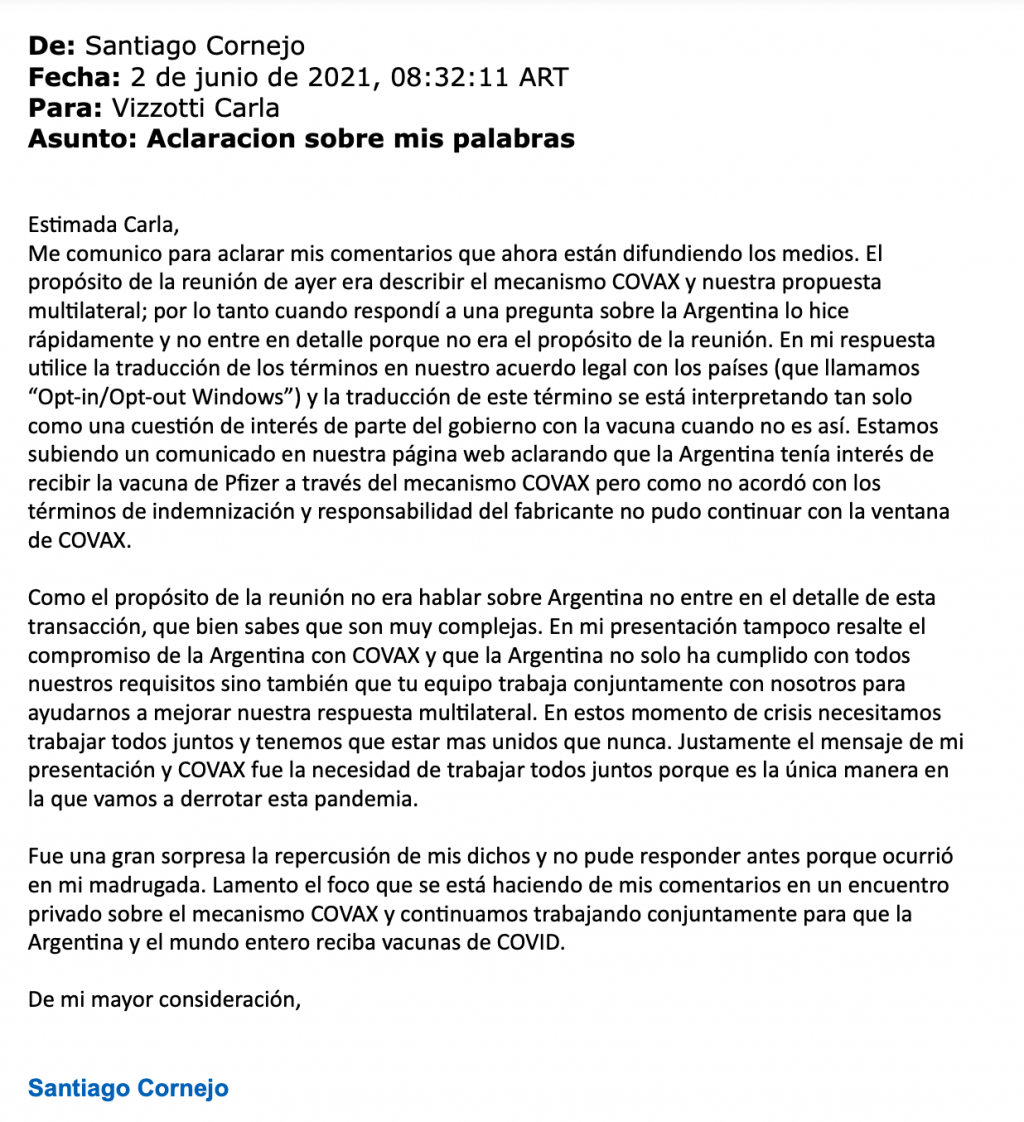 LA DESMENTIDA DEL DIRECTOR DEL FONDO COVAX: 