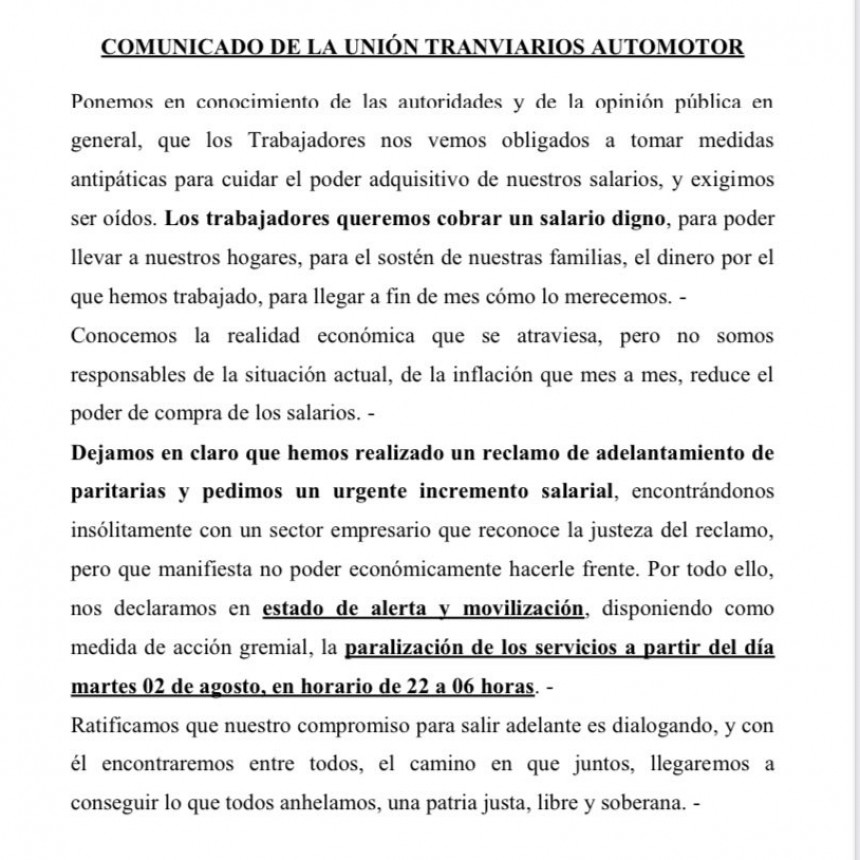 EN BUSCA DE REABRIR PARITARIAS, ANUNCIARON UN PARO DE COLECTIVOS PARA EL 2 DE AGOSTO POR LA NOCHE