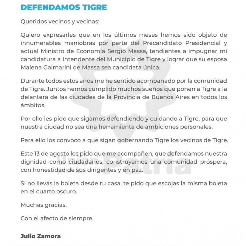 CARTA ABIERTA DE JULIO ZAMORA A LOS VECINOS DE TIGRE