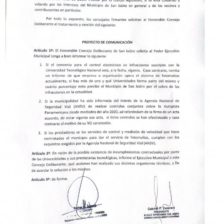 EN SAN ISIDRO LOS CONCEJALES VECINALISTAS PIDEN EXPLICACIONES AL EJECUTIVO POR LA EMPRESA DE FOTO MULTAS
