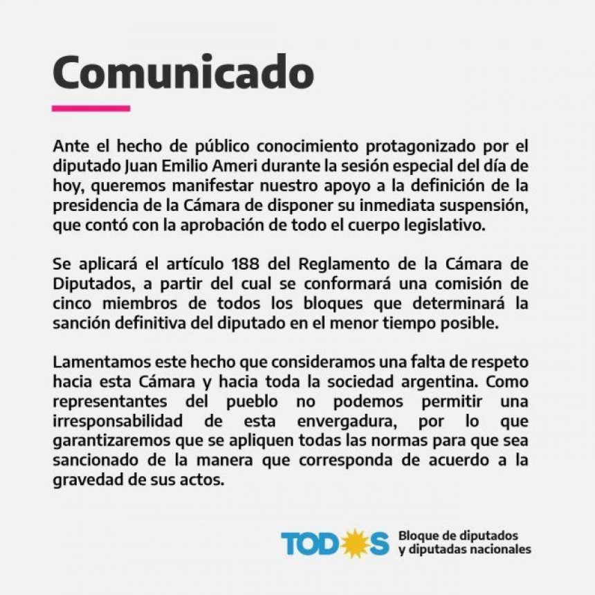 FUERTE REPUDIO DEL BLOQUE DEL FRENTE DE TODOS AL DIPUTADO AMERI