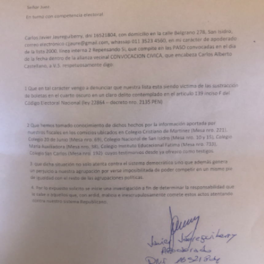 EN SAN ISIDRO CARLOS CASTELLANO DENUNCIO EL ROBO DE BOLETAS DEL VECINALISMO 