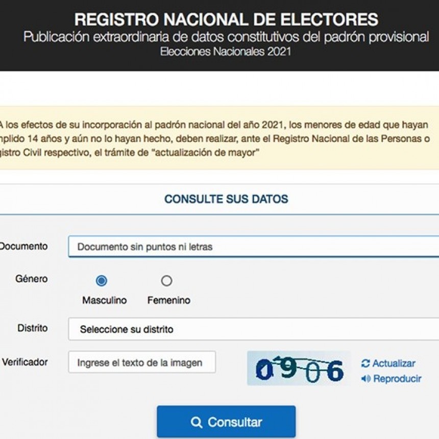 YA SE PUEDE CONSULTAR EL PADRÓN ELECTORAL PROVISORIO PARA LAS ELECCIONES 2021