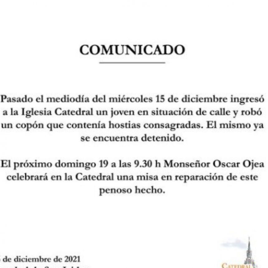 POLÉMICA ENTRE EL CURA MOLINA Y MONSEÑOR OJEA POR LA DETENCIÓN DE UN HOMBRE QUE ROBÓ HOSTIAS
